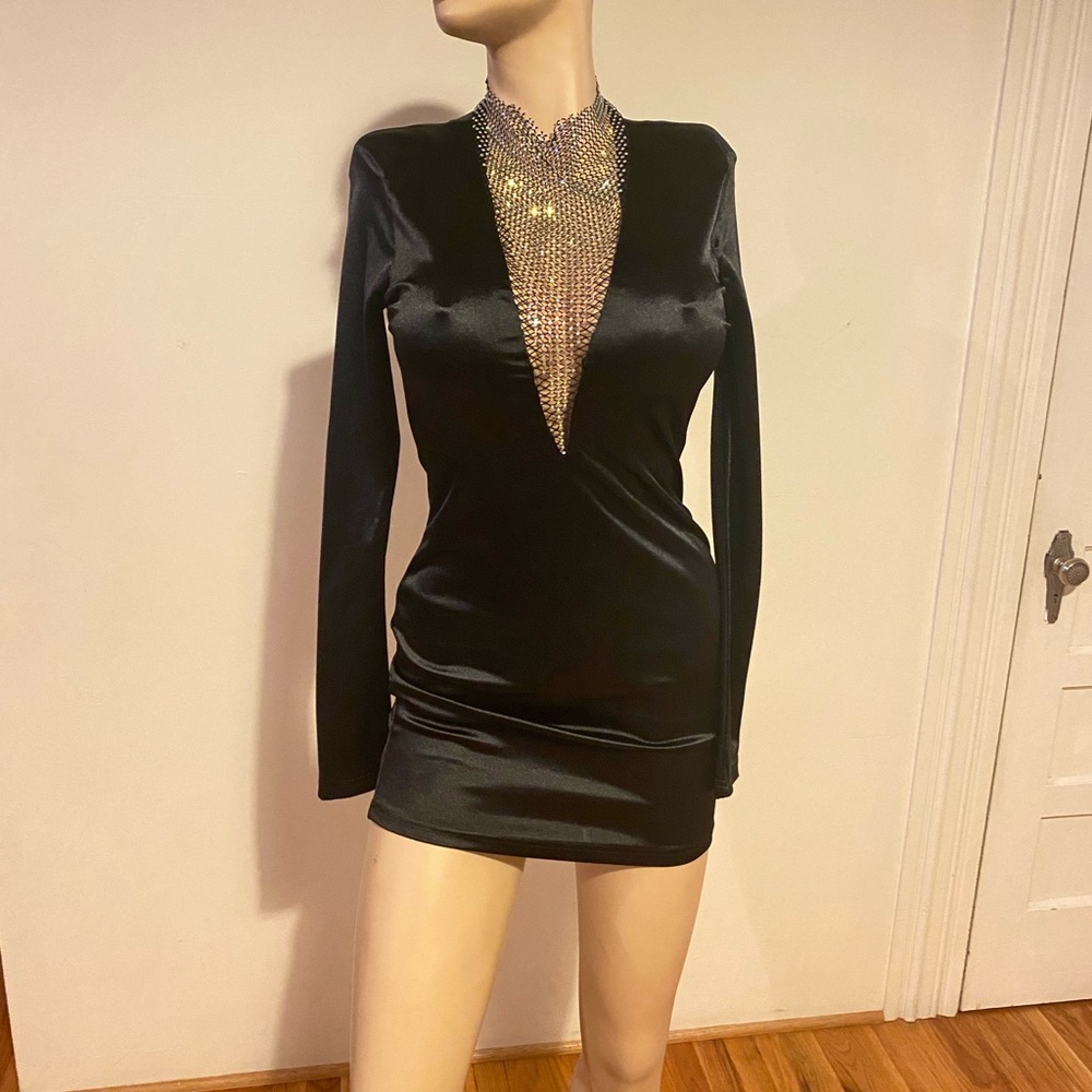 Black Plunge Neck Long Sleeve Bodycon Dress